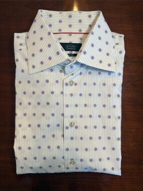 Eton White Dress Shirt with Purple Floral Dots and Blue Pinstripes